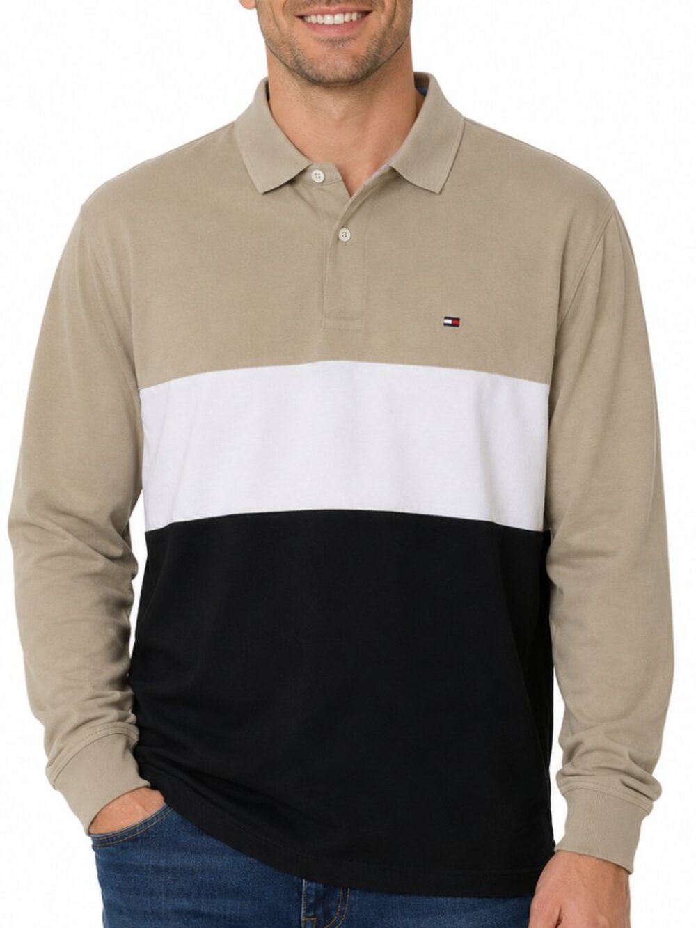 Tommy Hilfiger Mens L Polo Shirt NWT Colorblock Taupe White Black 100% Cotton